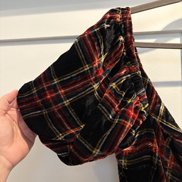 NWT Tartan Plaid Peplum Top Sz XL Black Red Velvet Open Back Puff Sleeve Preppy - Picture 9 of 16